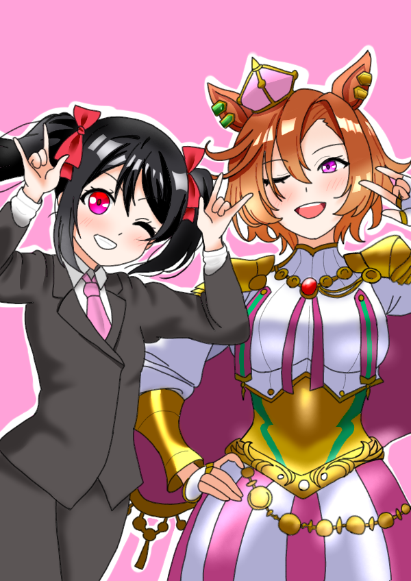 animal_ears, black_hair, black_suit, crown, hair_ribbon, haiwo, horse_earrings, horse_ears