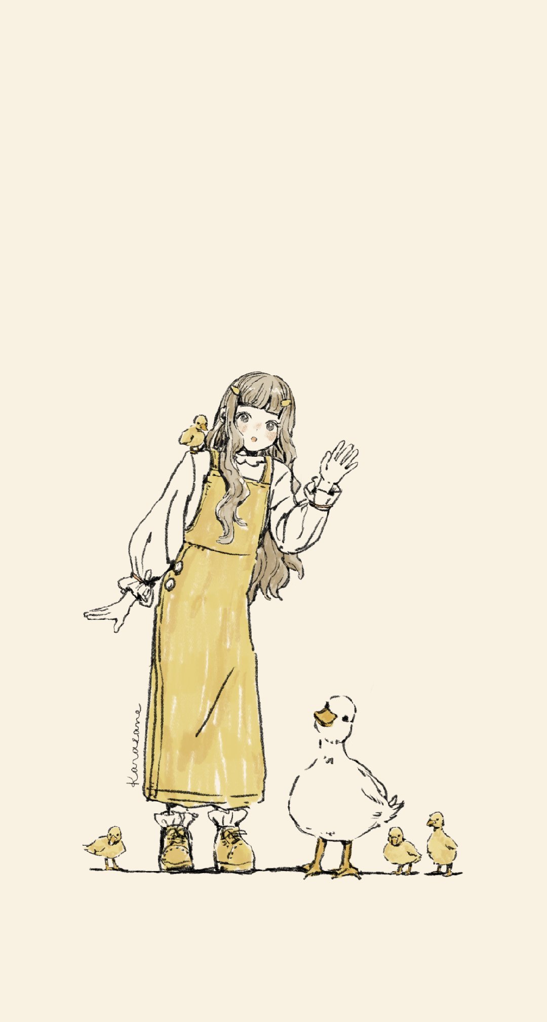 1girl, :o, artist_name, baby_animal, bird, blunt_bangs, blush, chick
