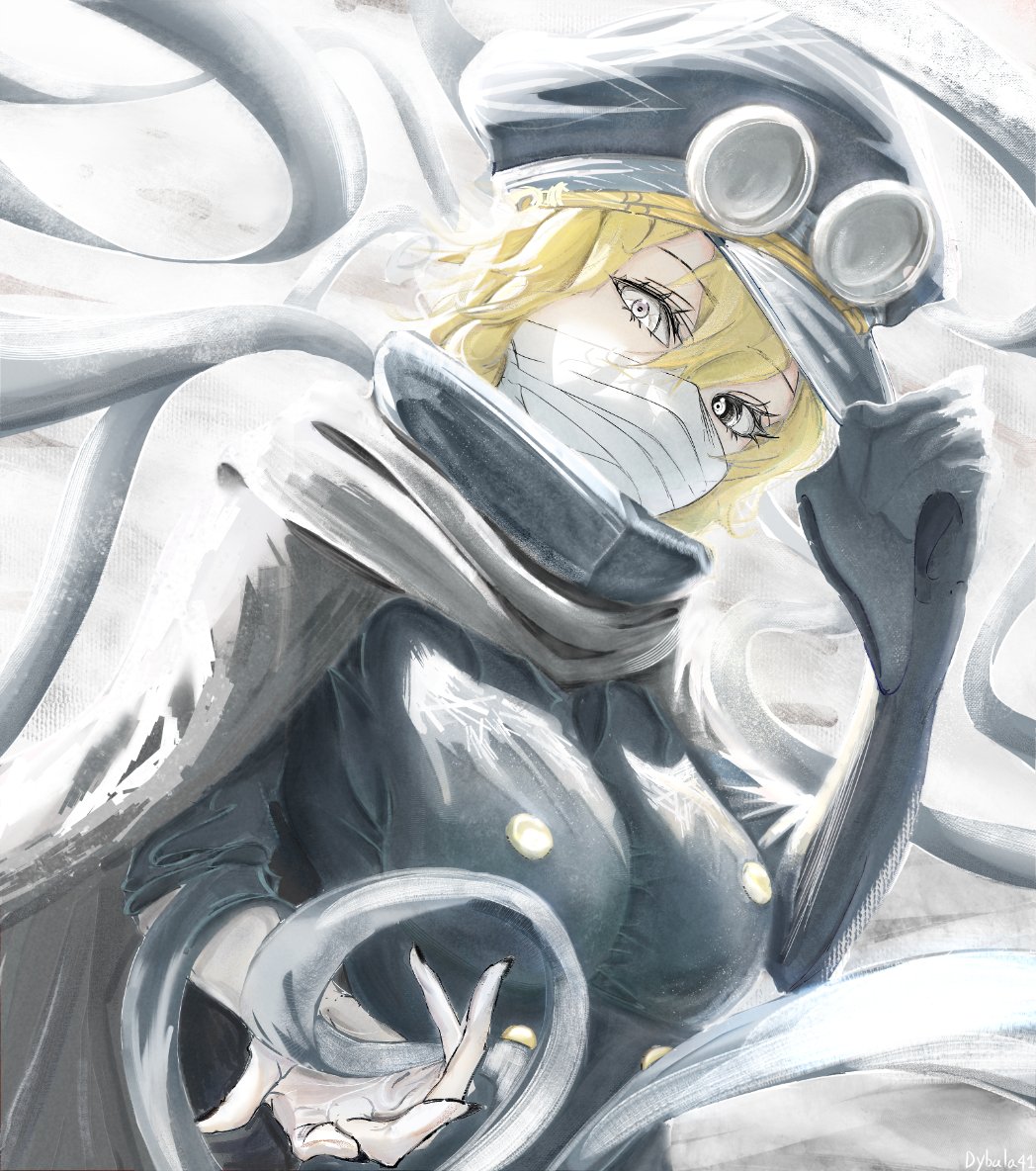 1girl, blonde_hair, dybala41, gakuran, goggles, goggles_on_headwear, gunko, ice