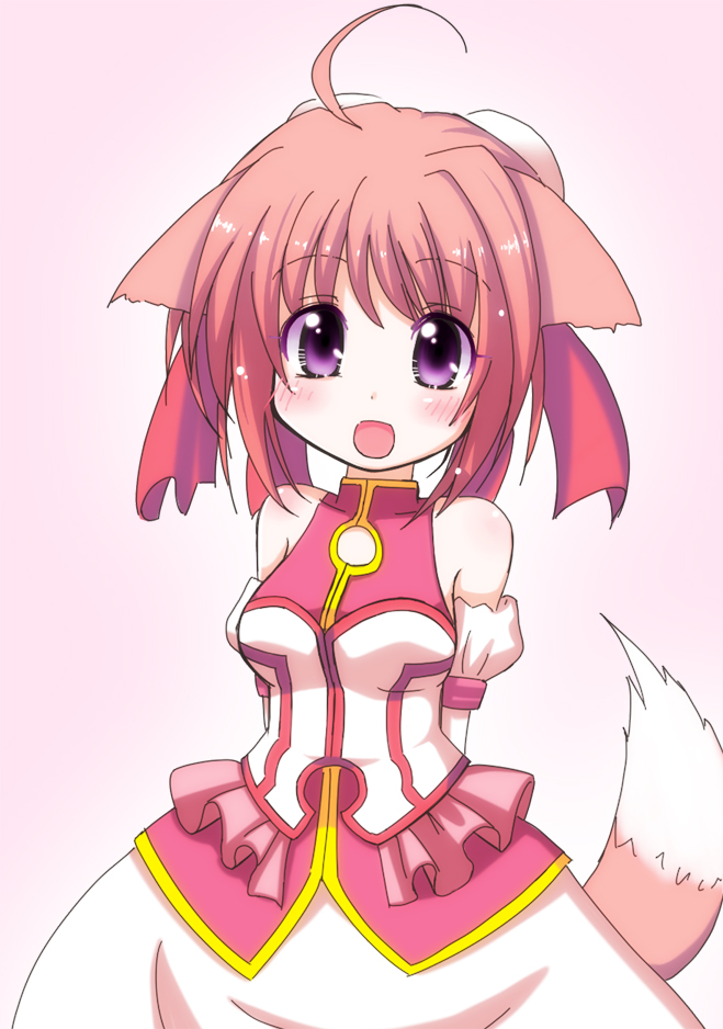 animal_ears, bare_shoulders, blush, dog_days, dog_ears, dog_tail, dress, millhiore_f_biscotti, pink_hair, purple_eyes, short_hair, solo, ta_299, tail, violet_eyes