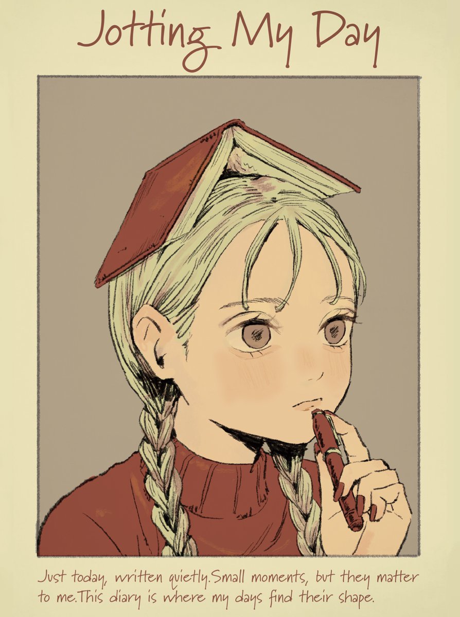 1girl, blonde_hair, book, book_on_head, braid, brown_eyes, english_commentary, english_text