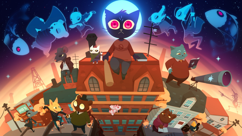 absurdres, angus_delaney, baseball_bat, bea_santello, bear_boy, brown_shirt, cat_girl, character_request, crocodile_girl, fish, fox_boy, furry, furry_female, furry_male, gregg_lee, highres, huffslove, instrument, looking_at_viewer, mae_borowski, music, night_in_the_woods, playing_instrument, red_eyes, saxophone, shirt, sitting, sky, star_(sky), starry_sky, telescope, tuba