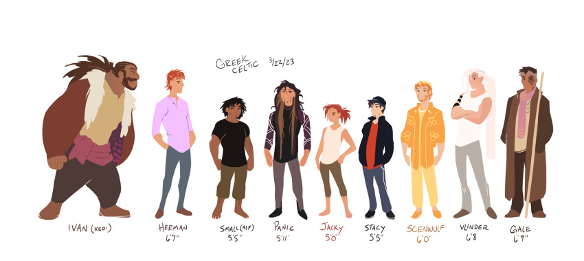 1girl, alf_(greekceltic), barefoot, black_hair, black_jacket, blonde_hair, brown_hair, brown_jacket, brown_pants, brown_shirt, crossed_arms, dated, gale_(greekceltic), greekceltic, grey_pants, height, height_chart, herman_(greekceltic), highres, jacket, jacky_(greekceltic), long_hair, long_sleeves, medium_hair, multiple_boys, orange_hair, original, pants, pink_shirt, ponytail, red_shirt, shirt, short_hair, short_sleeves, signature, sleeveless, vlinder_(greekceltic), white_shirt, yellow_pants