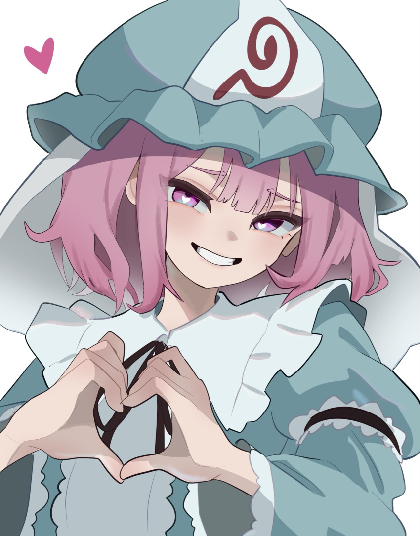 1girl, blue_kimono, commentary_request, delta_delta, frills, grin, hat, heart