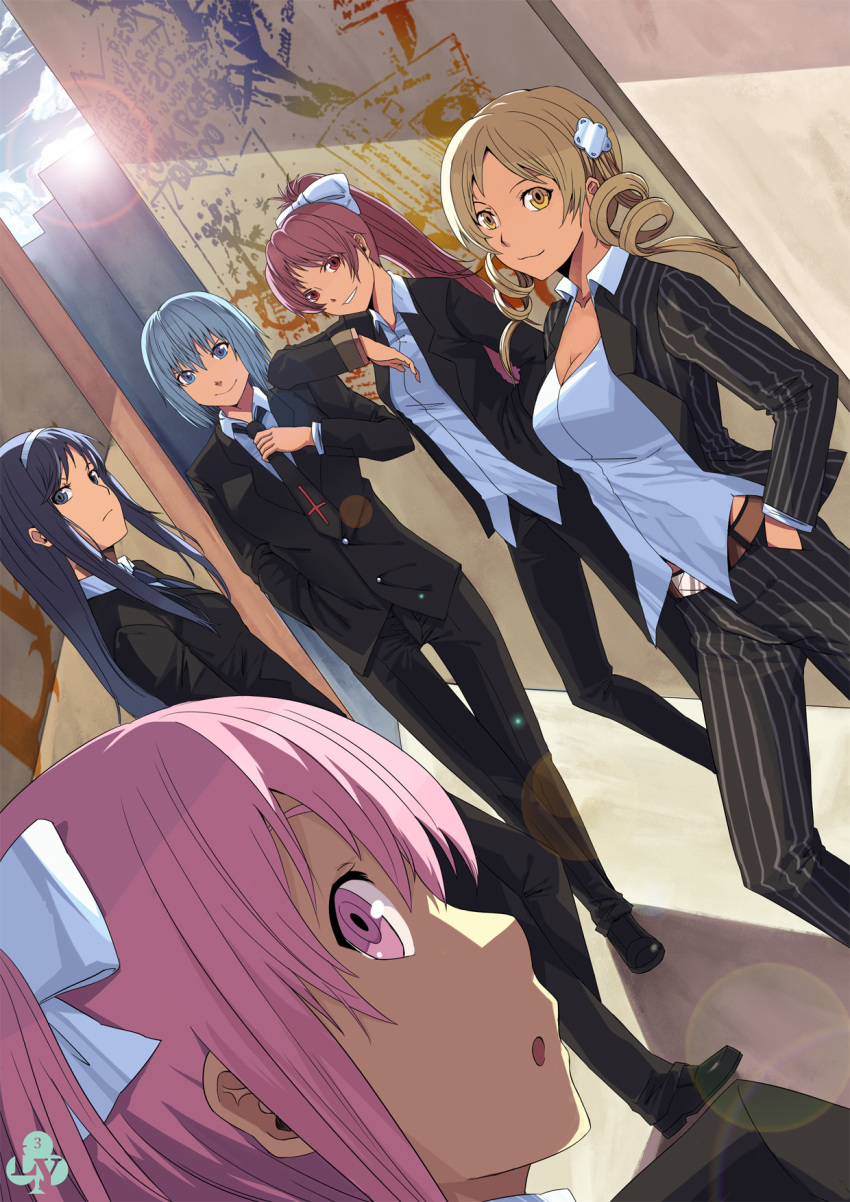 5girls, akemi_homura, black_eyes, black_hair, blonde_hair, blue_eyes, blue_hair, drill_hair