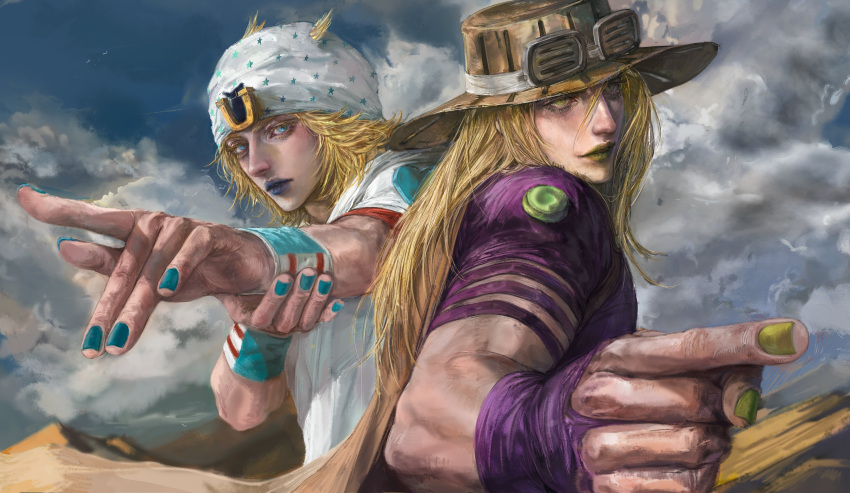 2boys, 9eujang, absurdres, beanie, blonde_hair, blue_eyes, blue_lips, blue_nails