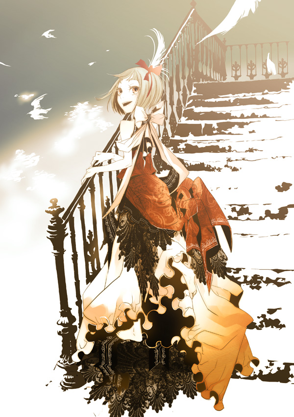 bow, cloud, clouds, dress, feathers, grey_hair, hair_ornament, karasu_(artist)