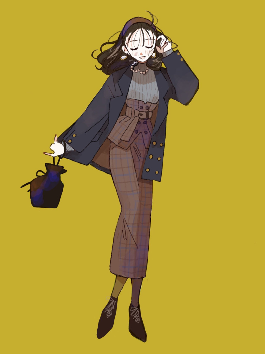 1girl, adjusting_hair, bag, belted_skirt, black_hair, black_jacket, blazer, brown_bag