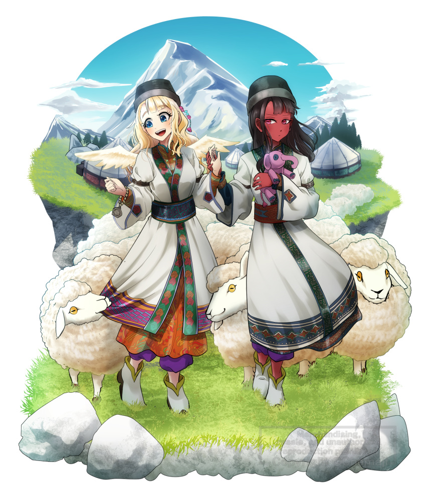 2girls, black_hair, black_hat, blonde_hair, blue_eyes, clothes_pull, clouds, collared_shirt