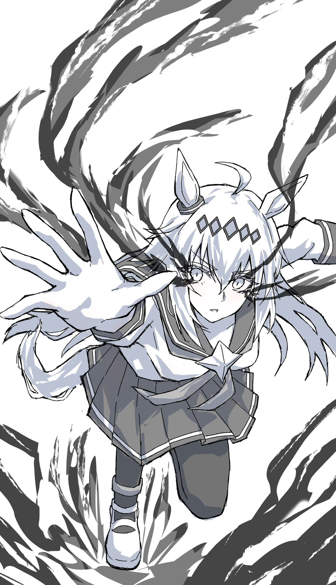 1girl, ahoge, alumina_(kennmeidesu), animal_ears, breasts, brooch, ear_ornament, greyscale