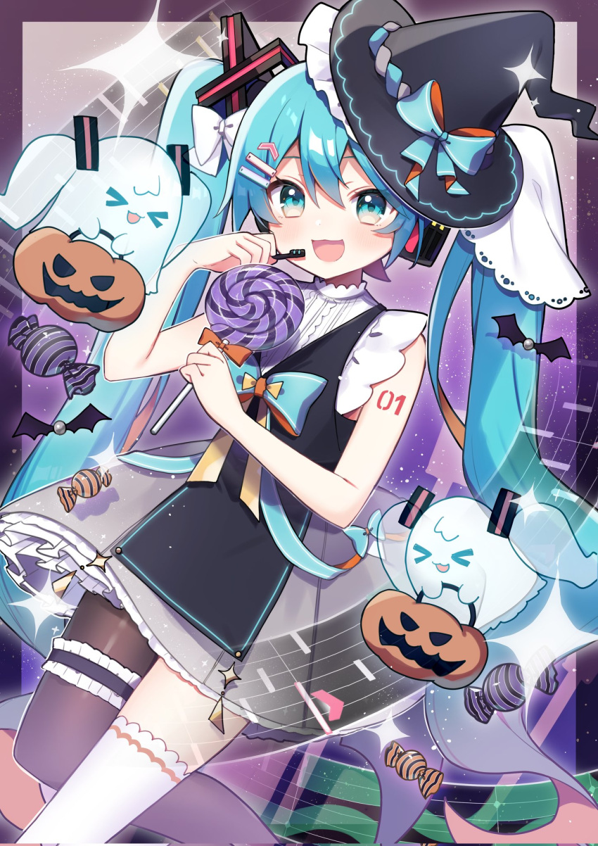 >_<, 1girl, :3, akikan_sabako, aqua_eyes, aqua_hair, basket, black_hat, black_pantyhose, bow, candy, commentary_request, dress, food, frilled_thigh_strap, ghost, hair_ornament, hairclip, halloween_bucket, hat, hatsune_miku, headset, highres, holding, holding_basket, holding_candy, holding_food, holding_lollipop, lollipop, long_hair, looking_at_viewer, open_mouth, pantyhose, single_leg_pantyhose, single_thighhigh, solo, thigh-highs, thigh_strap, tongue, twintails, very_long_hair, vocaloid, white_bow, white_thighhighs, witch_hat, wrapped_candy