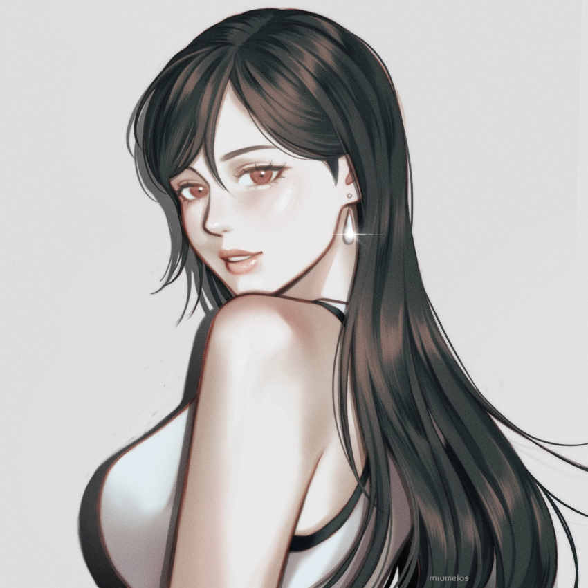 1girl, bare_shoulders, black_hair, breasts, commentary, drop_shadow, earrings, final_fantasy