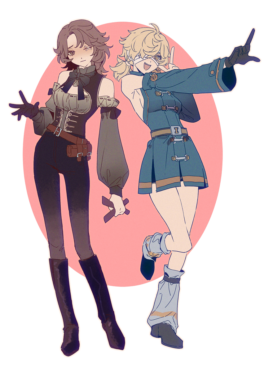 2girls, :d, bare_shoulders, belt, belt_pouch, black_bow, black_gloves, black_pants, blonde_hair, blue_dress, boots, bow, breasts, brown_belt, brown_eyes, brown_hair, closed_mouth, detached_sleeves, dress, eyepatch, florian_brand, frills, full_body, genderswap, genderswap_(mtf), gloves, hair_over_one_eye, hand_up, highres, holding, identity_v, knee_boots, leg_warmers, long_hair, long_sleeves, looking_at_viewer, matthias_czernin, medium_breasts, medium_hair, multiple_girls, one_eye_covered, open_mouth, pants, pouch, shirt, shizuka0217, simple_background, smile, socks, standing, standing_on_one_leg, twintails, white_background, yellow_eyes