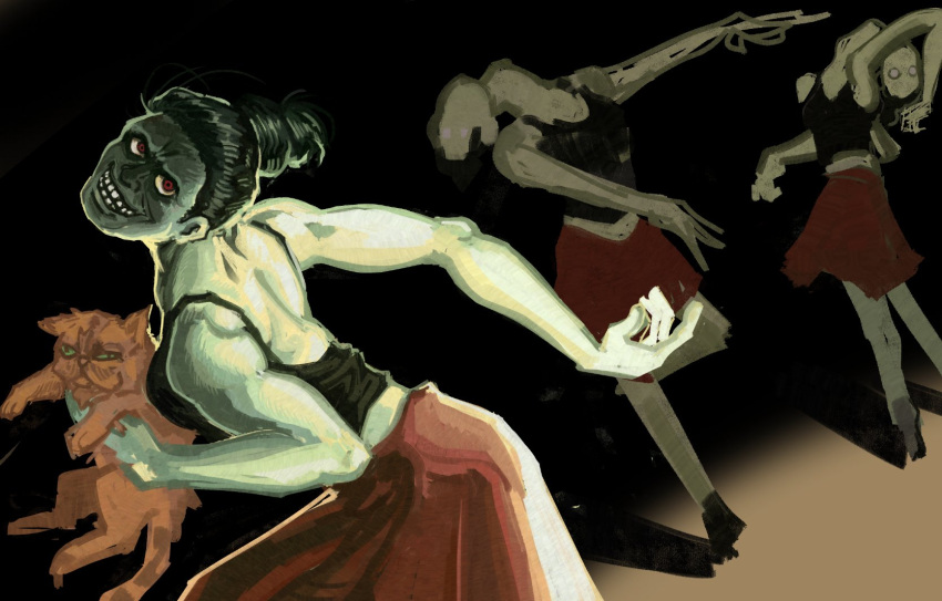 1girl, animal, ballerina, black_hair, black_tank_top, body_horror, cat, cat_(no_i'm_not_a_human)