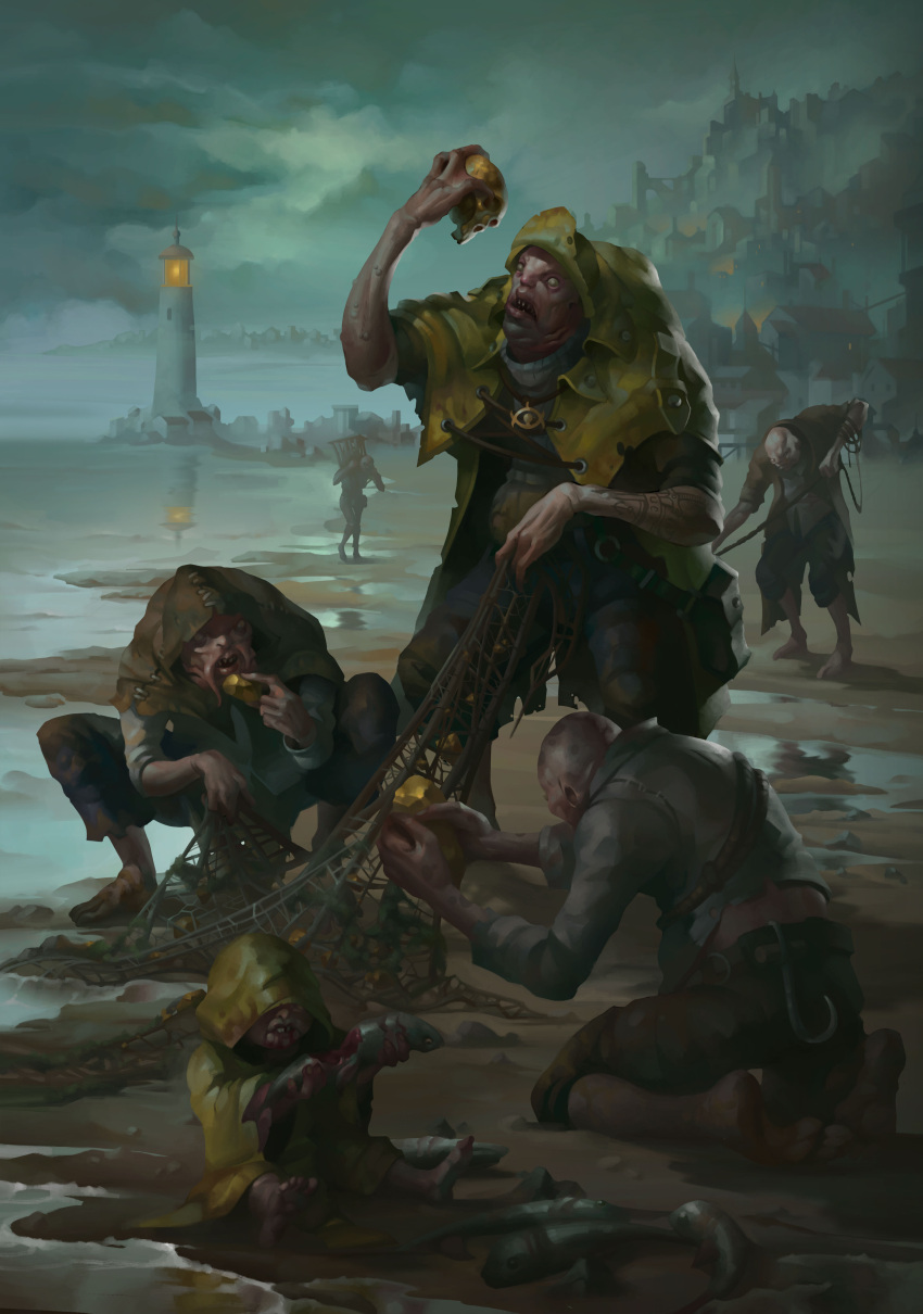 6+boys, absurdres, alexeykruglov, beach, building, city, cthulhu_mythos, deep_one