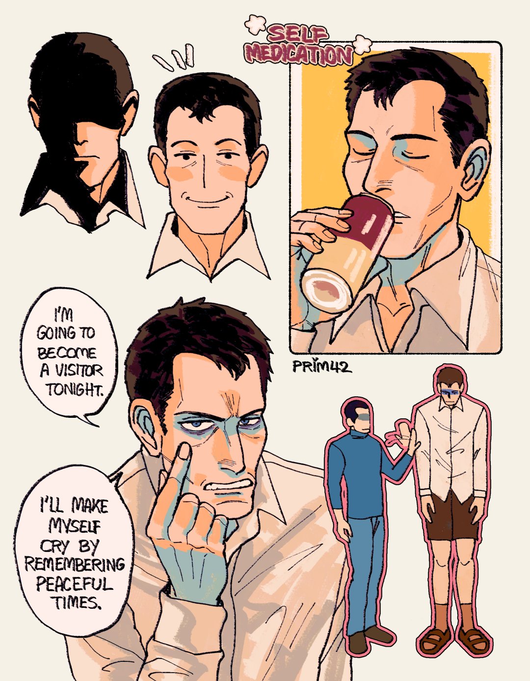 2boys, black_hair, blue_eyes, blue_sweater, brown_hair, brown_shorts, brown_socks, collared_shirt, drinking, english_text, height_difference, highres, male_focus, multiple_boys, no_i'm_not_a_human, patting, primfourtwo, protagonist_(no_i'm_not_a_human), sad, shaded_face, shirt, short_hair, shorts, smile, socks, speech_bubble, sweater, tall_guy_(no_i'm_not_a_human), turtleneck, turtleneck_sweater, white_shirt