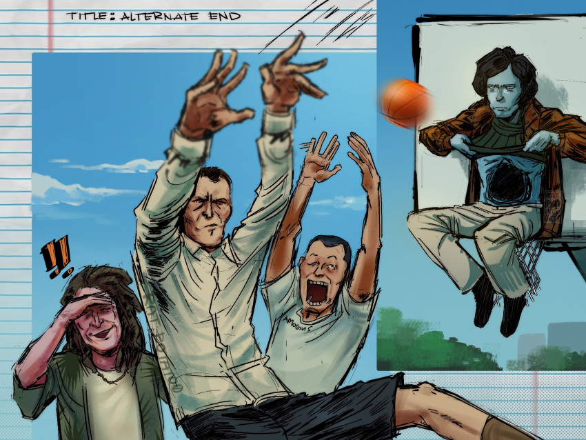 !, !!, 4boys, amogus_guy_(no_i'm_not_a_human), arms_up, ball, basketball, basketball_(object), black_hair, black_shorts, blue_skin, brown_coat, coat, coat_guy_(no_i'm_not_a_human), colored_skin, deadpan, green_jacket, green_sweater, highres, jacket, male_focus, medium_hair, multiple_boys, no_i'm_not_a_human, one_eye_closed, open_mouth, outdoors, parody, ratpotato0, shirt, short_hair, shorts, sketch, stoner_(no_i'm_not_a_human), sweater, tall_guy_(no_i'm_not_a_human), white_shirt