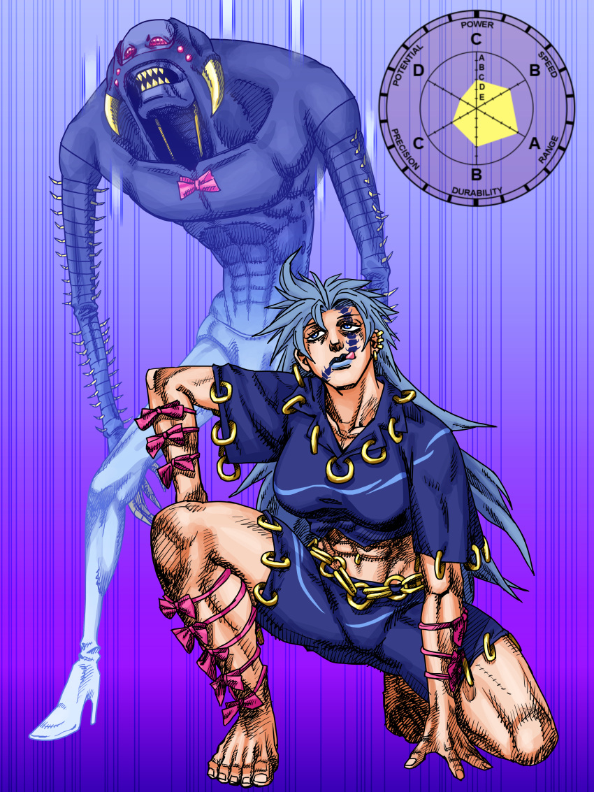 1girl, 1other, abs, absurdres, araki_hirohiko_(style), barefoot, blue_eyes, blue_lips, blue_shirt, blue_shorts, bow, centipede_tattoo, ear_piercing, eddybird55555, facial_tattoo, feet, full_body, gradient_background, grey_hair, hand_on_floor, highres, himemushi_momoyo, jojo_no_kimyou_na_bouken, kneeling, lipstick, long_hair, makeup, midriff, muscular, muscular_female, navel_piercing, parody, piercing, pink_bow, purple_background, shirt, short_sleeves, shorts, simple_background, stand_(jojo), style_parody, tattoo, tongue, tongue_out, touhou, very_long_hair