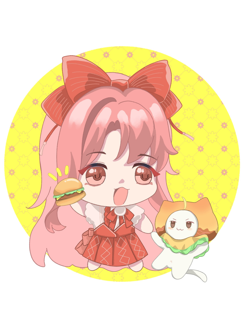 1girl, :3, absurdly_long_hair, ahoge, alternate_color, animal, argyle_background, argyle_clothes, argyle_skirt, back_bow, barefoot, border, bow, bowtie, brown_cloak, brown_eyes, burger, cat, center_frills, chibi, chinese_commentary, circle, cloak, closed_mouth, clothed_animal, commentary_request, cqmuzimian, dot_nose, ear_covers, eyelashes, floral_background, floral_memory_(infinity_nikki), food, food_costume, frilled_sleeves, frills, hair_bow, happy, high-waist_skirt, highres, holding, holding_food, holding_hands, hood, hood_up, hooded_cloak, infinity_nikki, kfc, long_hair, long_skirt, looking_ahead, momo_(nikki), nikki_(nikki), nikki_(series), notice_lines, official_alternate_costume, open_mouth, outside_border, pink_hair, pleated_skirt, pom_pom_(clothes), red_bow, red_bowtie, red_skirt, shirt, short_sleeves, skirt, smile, standing, striped_bow, very_long_hair, white_border, white_cat, white_shirt, yellow_background