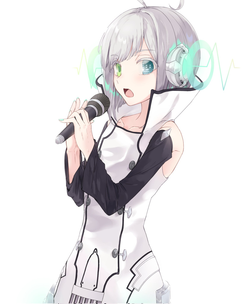 1boy, androgynous, black_sleeves, bltj2xg5iiy40x9, blue_eyes, detached_sleeves, green_eyes, green_nails, grey_hair, heterochromia, high_collar, highres, looking_back, male_focus, medium_hair, microphone, open_mouth, shirt, trap, utatane_piko, vocaloid, white_shirt