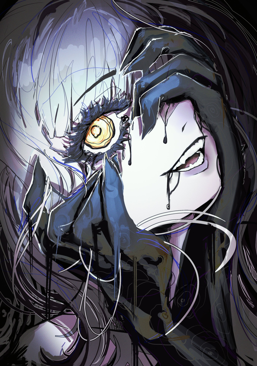 01neeto, 1girl, absurdres, close-up, covering_one_eye, grey_hair, hands_on_own_face, highres, hololive, hololive_english, looking_at_viewer, open_mouth, shiori_novella, slime_(substance), solo, teeth, virtual_youtuber, yellow_eyes