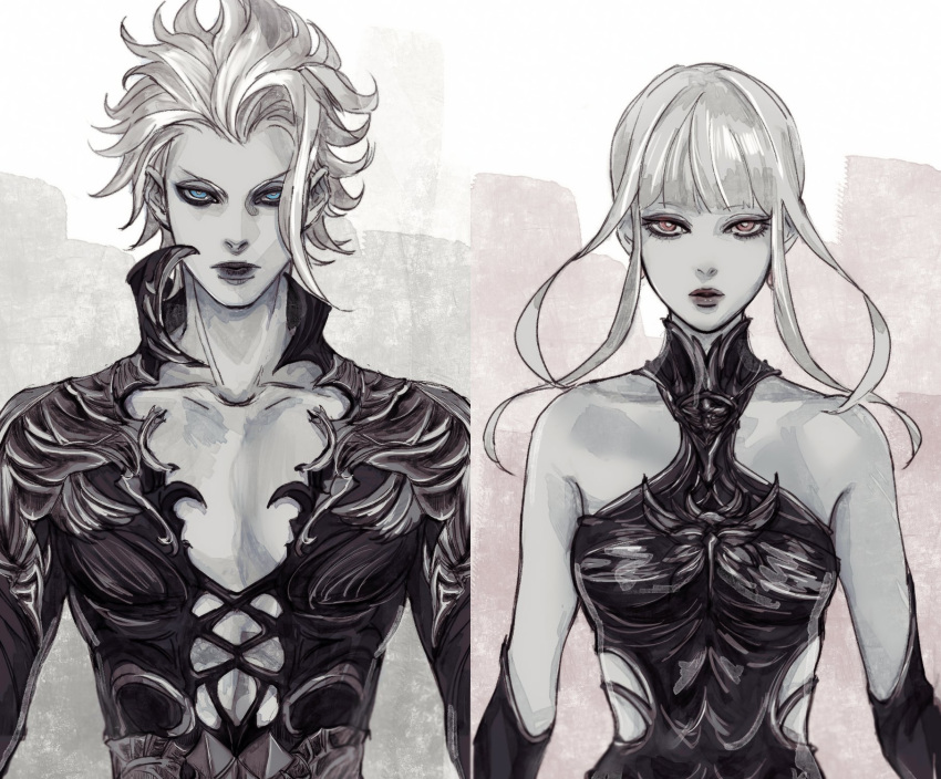 1boy, 1girl, bare_shoulders, black_bodysuit, black_jacket, black_lips, blue_eyes, bodysuit, bright_pupils, collarbone, colored_skin, dual_persona, final_fantasy, final_fantasy_xiv, grey_background, grey_hair, grey_skin, highres, jacket, long_hair, looking_at_viewer, omega-f, omega-m, omega_(final_fantasy), oyatsuredgray, red_eyes, short_hair, straight-on, two-tone_background, upper_body, white_background, white_pupils