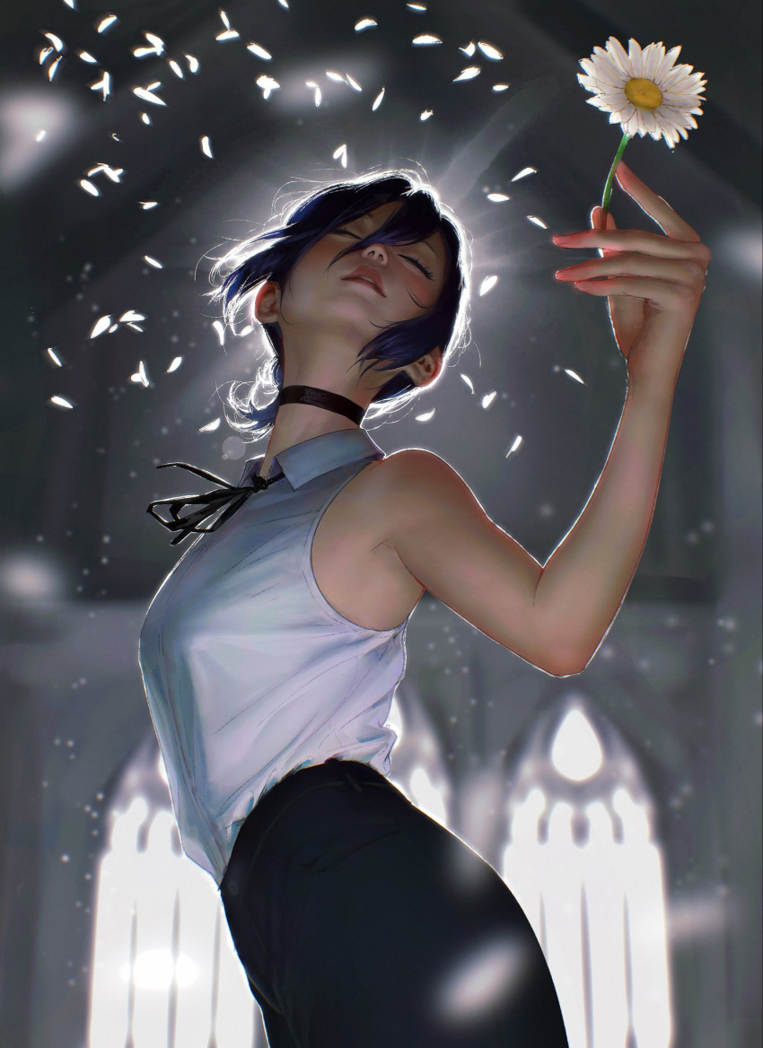 1girl, black_choker, black_hair, black_ribbon, black_shorts, chainsaw_man, choker, closed_eyes