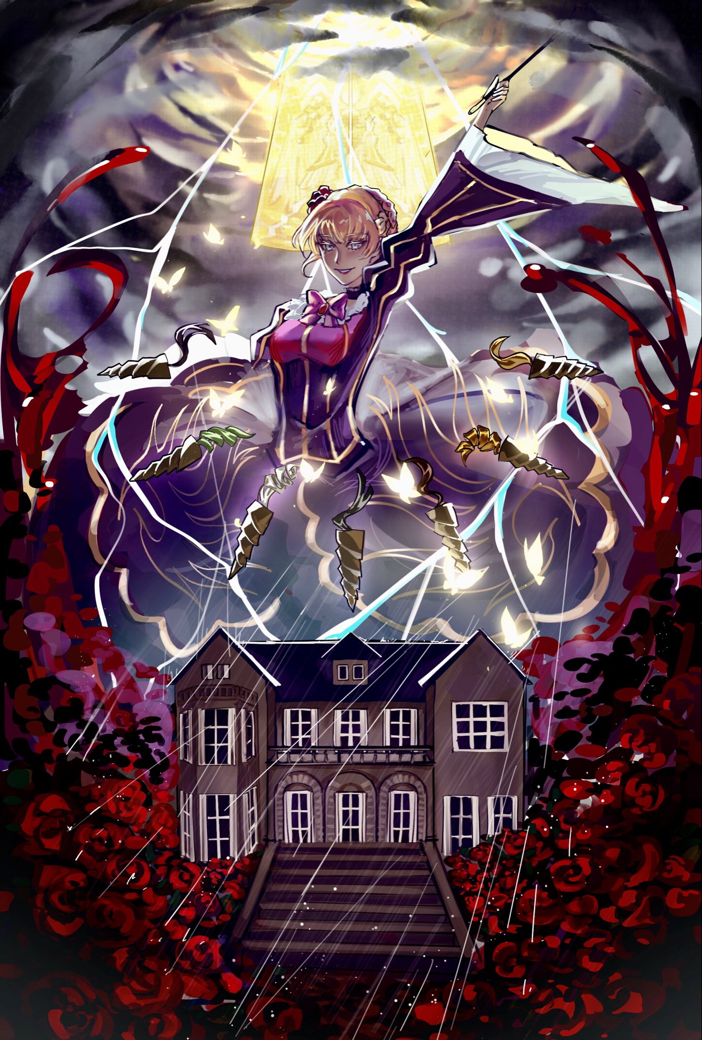 1girl, beatrice_(umineko), black_dress, blonde_hair, blue_eyes, braid, commentary_request, dress, eyelashes, flower, highres, holding, holding_smoking_pipe, lightning, looking_at_viewer, mansion, rain, red_flower, red_rose, rose, sanliguilia, smile, smoking_pipe, storm, umineko_no_naku_koro_ni
