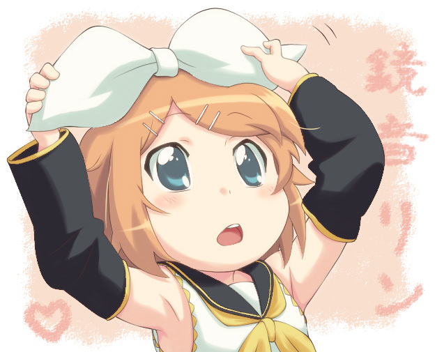 blonde_hair, blue_eyes, detached_sleeves, hair_ribbon, kagamine_rin, neibii, ribbon, short_hair