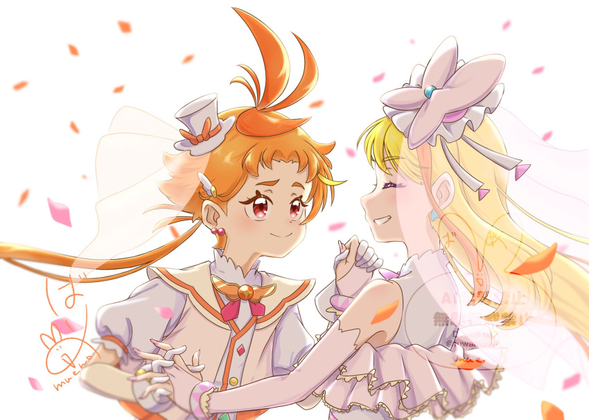 1boy, 1girl, :d, age_difference, ahoge, alternate_color, blonde_hair, blush