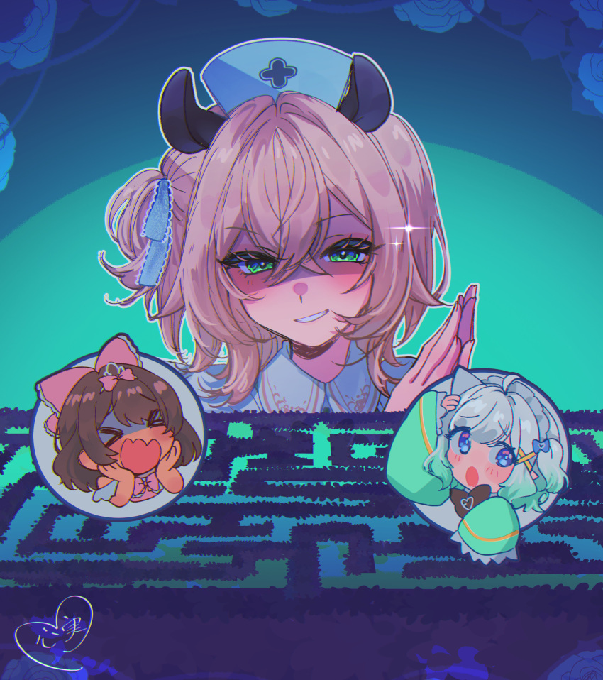 3girls, absurdres, animal_ears, brown_hair, green_eyes, hat, highres, indie_virtual_youtuber, kokomi_(aniesuakkaman), maze, mint_fantome, multiple_girls, nimi_nightmare, nurse_cap, phoebe_(vtuber), tapir_ears, tapir_girl, virtual_youtuber