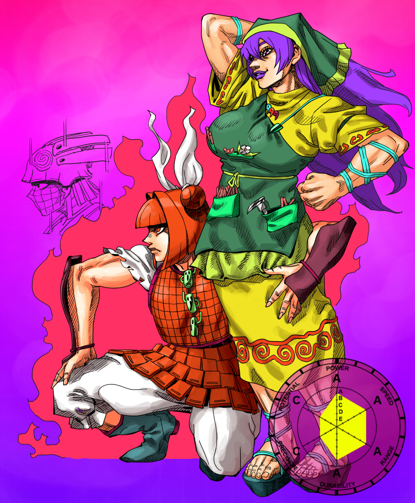 2girls, absurdres, alternate_hair_color, apron, araki_hirohiko_(style), arm_on_knee, arm_up, armor