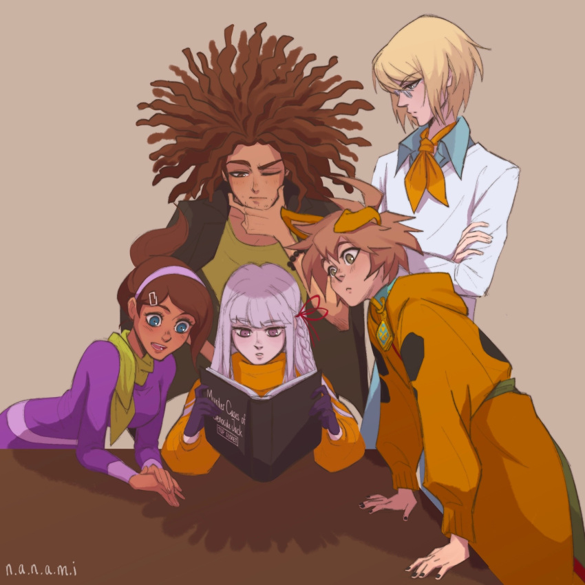 2girls, 3boys, animal_ears, asahina_aoi, ascot, bead_bracelet, beads, black_jacket
