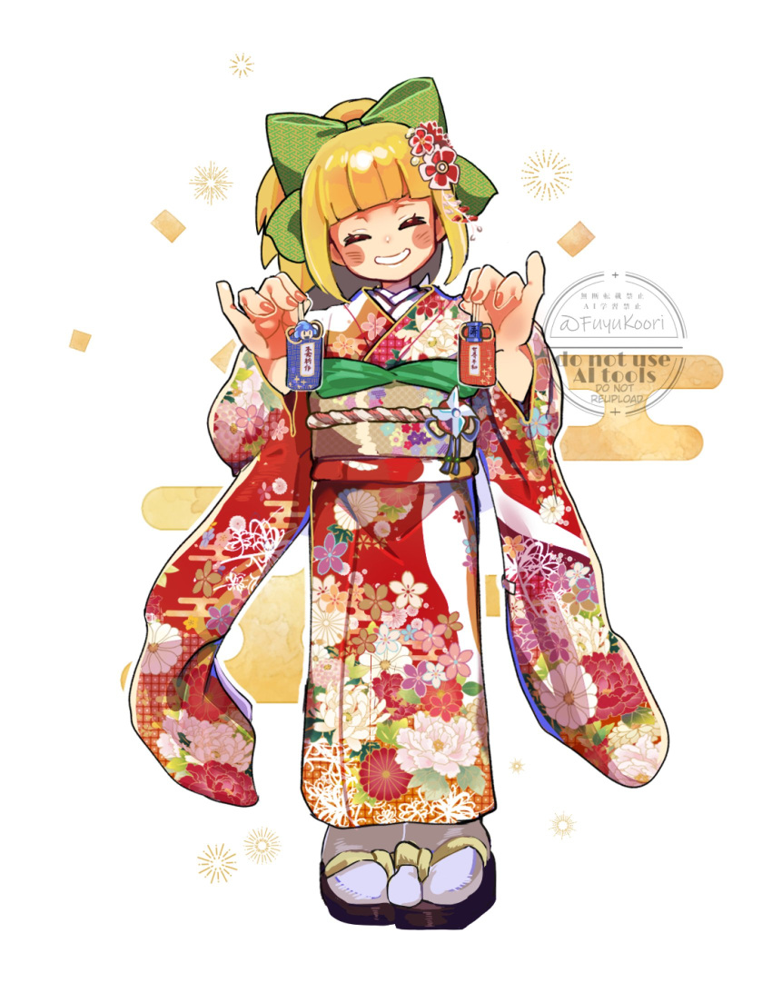 1girl, blonde_hair, blunt_bangs, blush, bow, closed_eyes, commentary, energy_tank