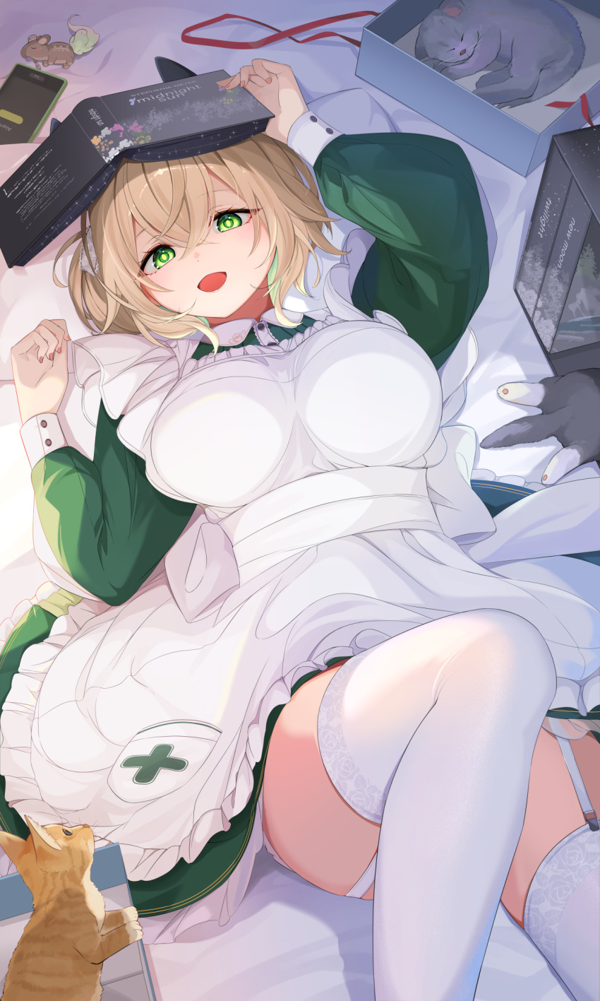 1girl, :d, animal_ears, apron, blonde_hair, breasts, cat, collared_dress