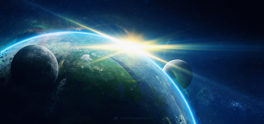 atmospheric_layer, galaxy, highres, in_orbit, moon, no_humans, ocean, original, planet, scenery, science_fiction, sky, space, star_(sky), starry_sky, sun, theadamtaylor