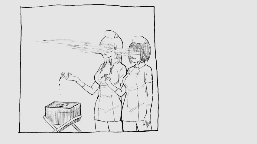 2girls, blowing_smoke, cigarette, gloves, go_go_ghost_ship, greyscale, hat, highres