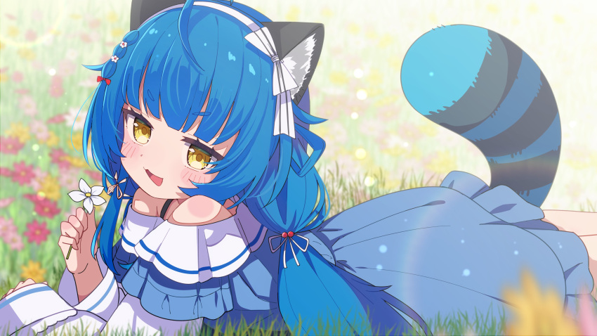 1girl, :d, absurdres, animal_ear_fluff, animal_ears, bare_shoulders, blue_dress, blue_hair