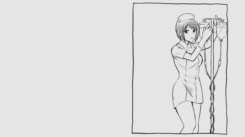 1girl, :o, amamiya_(sakusei_byoutou), bob_cut, go_go_ghost_ship, greyscale, hat, highres