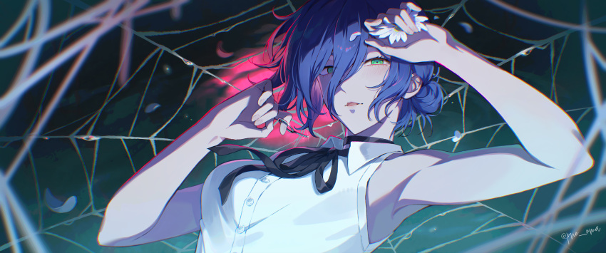 1girl, absurdres, black_choker, black_ribbon, blue_hair, chainsaw_man, choker, flower