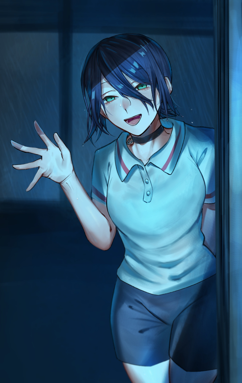 1girl, absurdres, black_choker, black_shorts, blue_hair, chainsaw_man, choker, dora_(jcyw8334)