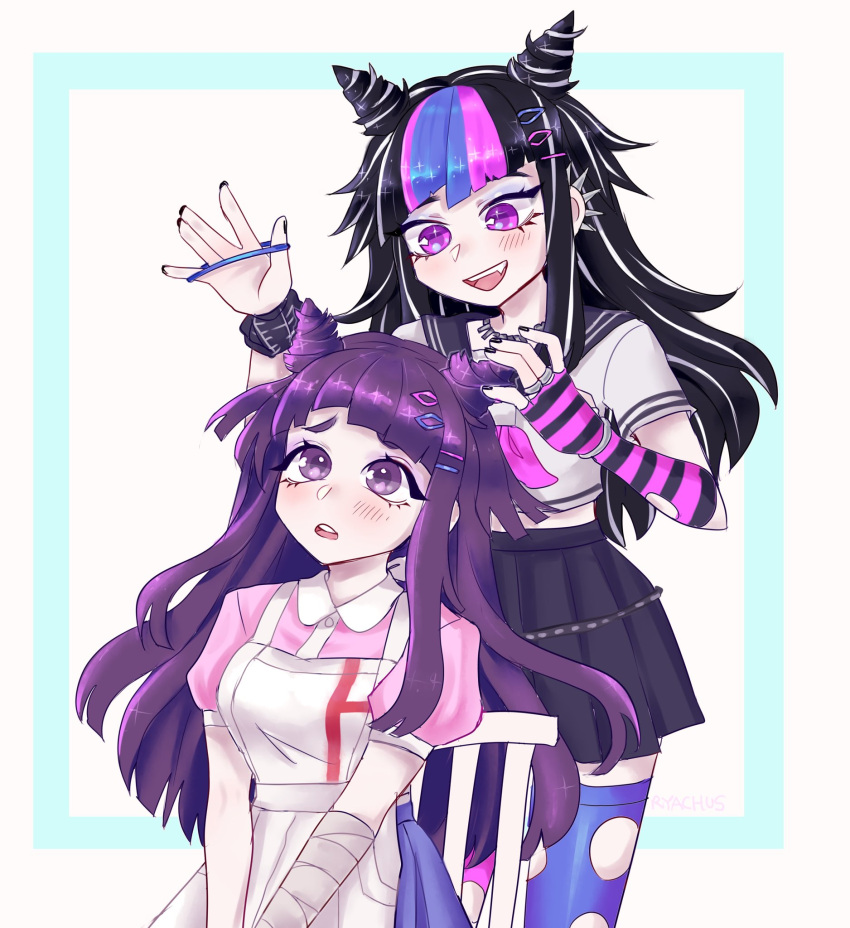2girls, alternate_hairstyle, apron, bandaged_arm, bandages, black_hair, black_nails, black_sailor_collar