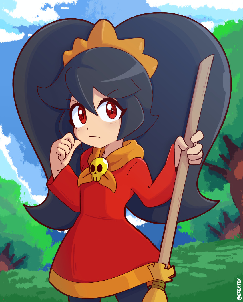 1girl, absurdres, ashley_(warioware), big_hair, black_hair, black_pantyhose, broom, closed_mouth