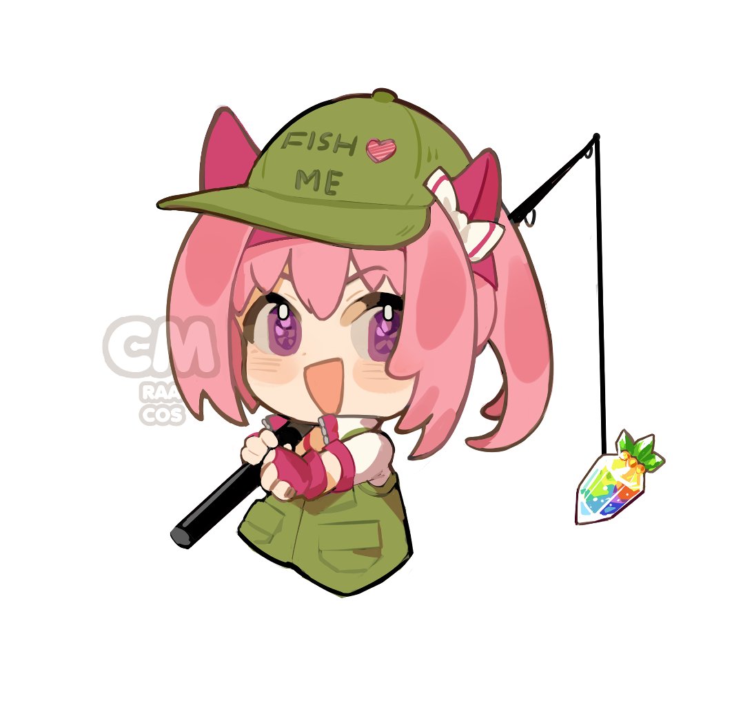 1girl, animal_ears, blush, bow, carrot, ear_bow, ear_covers, english_text, fingerless_gloves, fishing_rod, flower-shaped_pupils, gloves, green_vest, hairband, haru_urara_(bestest_prize)_(umamusume), haru_urara_(umamusume), hat, headband, heart, holding, holding_fishing_rod, horse_ears, horse_girl, jacket, long_hair, looking_at_viewer, open_mouth, over_shoulder, pink_eyes, pink_hair, ponytail, raacos, red_gloves, red_headband, shirt, simple_background, smile, solo, symbol-shaped_pupils, symbol_in_eye, umamusume, upper_body, vest, white_background, white_jacket, white_shirt
