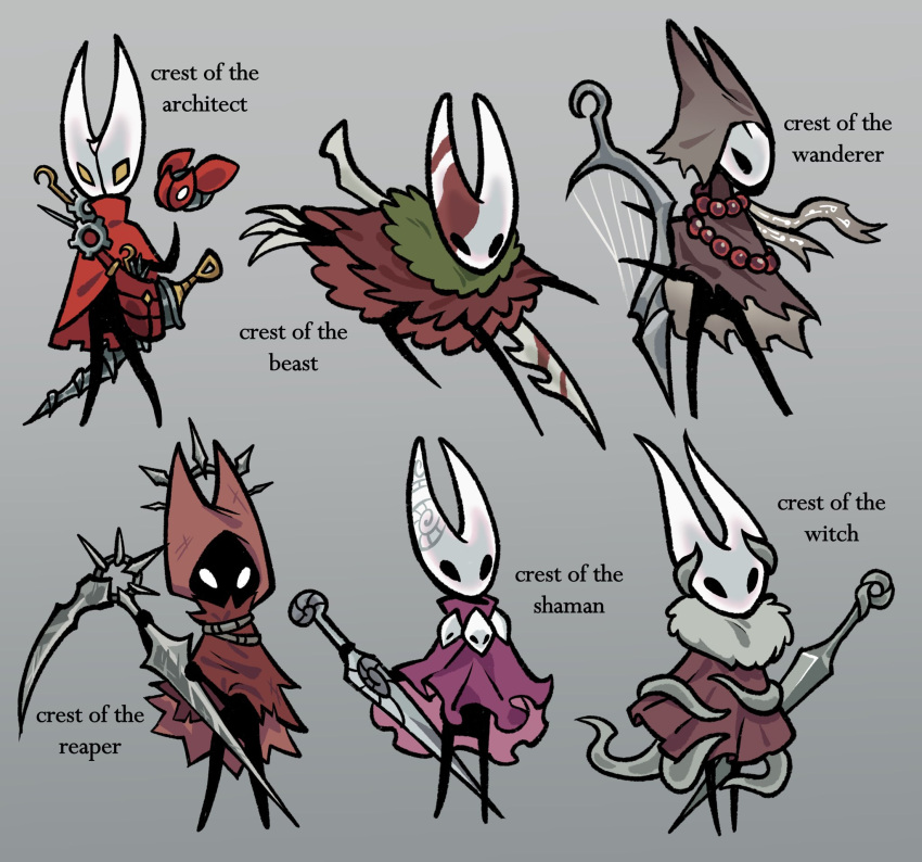 1girl, arthropod_girl, bug, claw_(weapon), claws, cloak, crest_(hollow_knight), drill, drone, english_text, gears, harp, highres, hollow_knight, hollow_knight:_silksong, hood, hornet_(hollow_knight), instrument, jewelry, mask, music, necklace, pesticydes, playing_instrument, red_cloak, rosary, scythe, simple_background, weapon