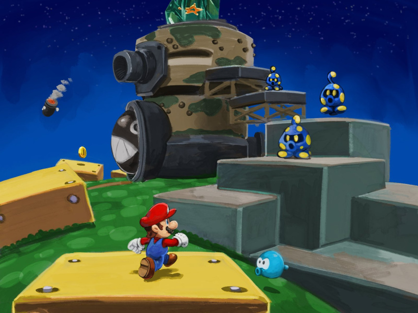 1boy, blue_overalls, boots, brown_boots, brown_hair, bullet_bill, chain_chomp, chomp_box