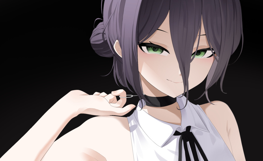1girl, black_background, black_choker, black_hair, black_ribbon, chainsaw_man, choker, close-up