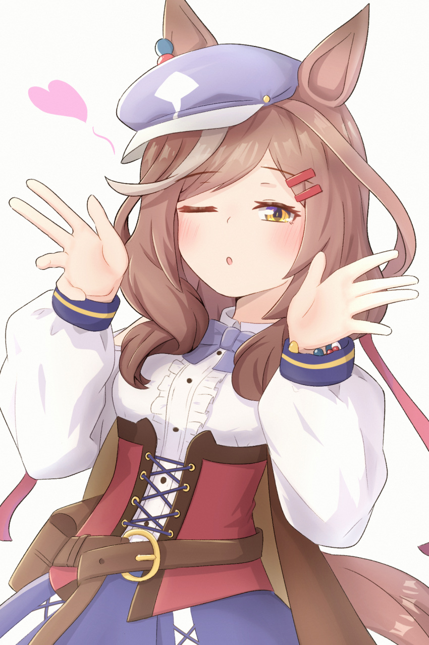 1girl, animal_ears, belt_bag, blue_hat, blue_skirt, blush, bracelet, breasts
