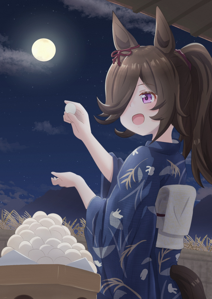 1girl, alternate_costume, animal_ears, blue_kimono, blush, brown_hair, dango, ear_ribbon