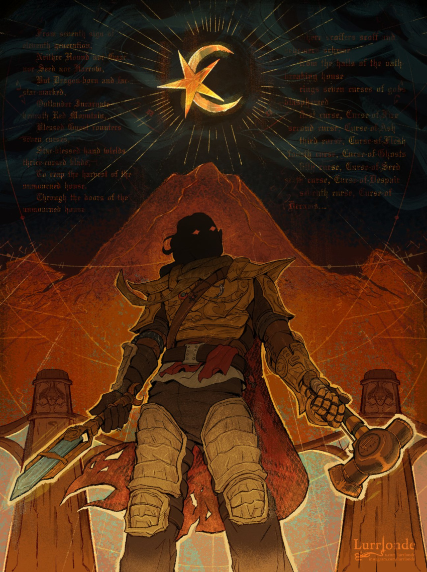 1boy, armor, artist_name, belt, breastplate, cape, crescent_moon, dagger